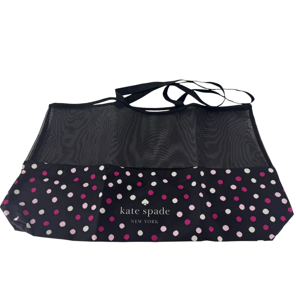 Kate Spade New York Mesh Tote Bag Black Pink Polka Dot Packable Beach Bag Large - Picture 2 of 9